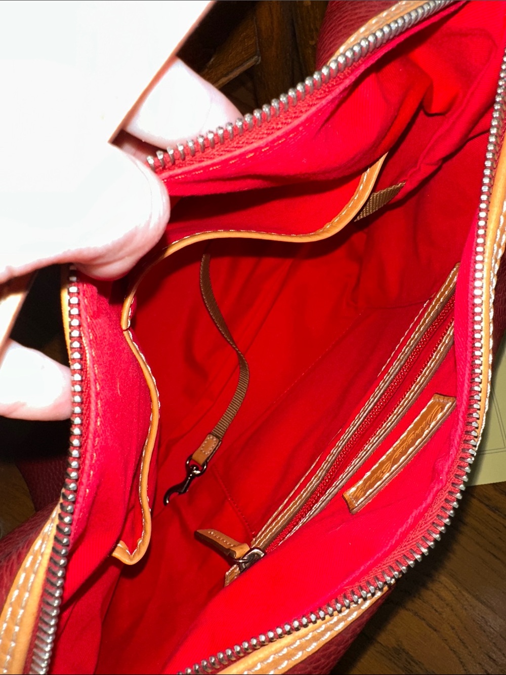 Dooney & Bourke Red Pebble Leather Hobo with Tan Trim - Picture 6 of 7